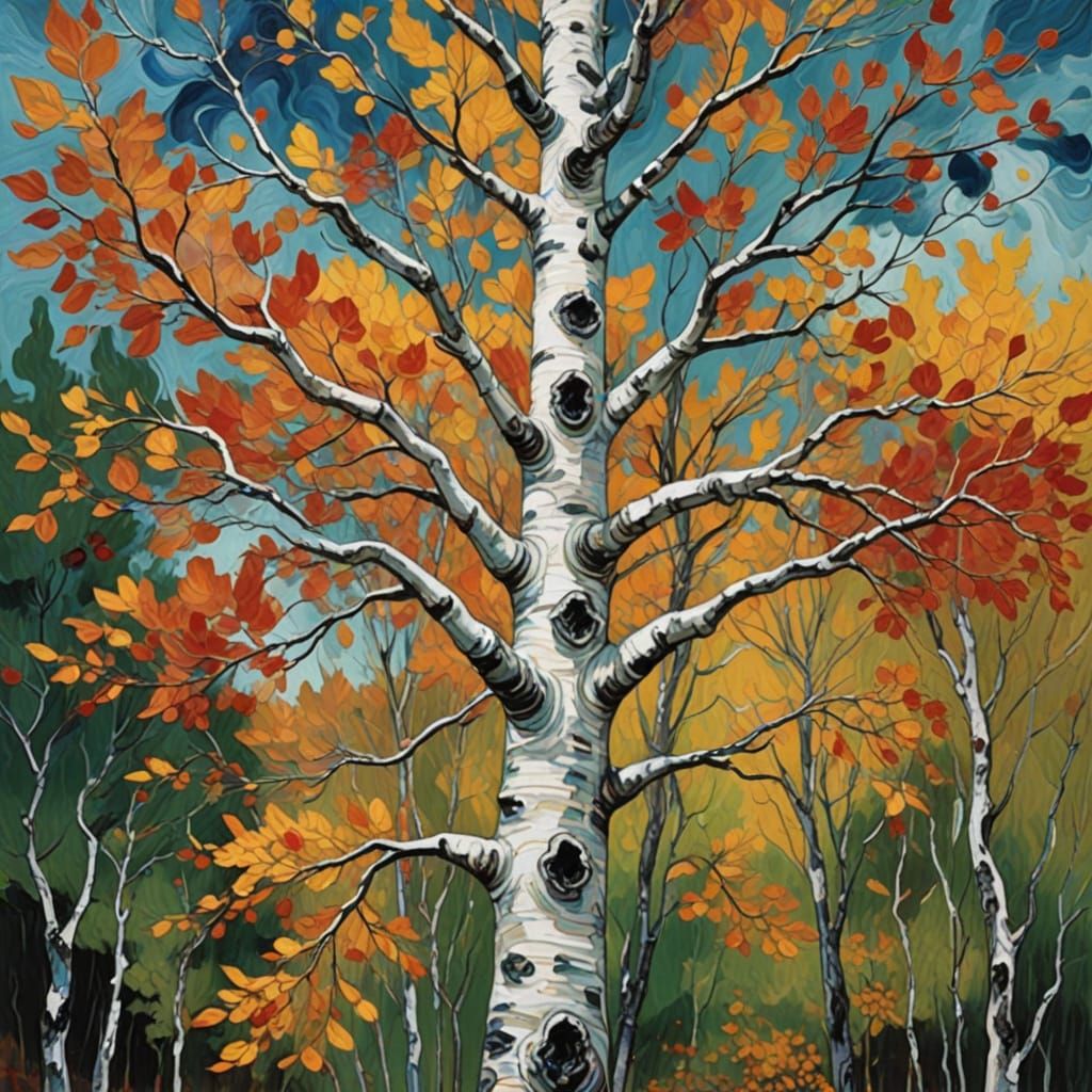 Epic Silver Birch Tree in Vibrant Ink Splash Art
