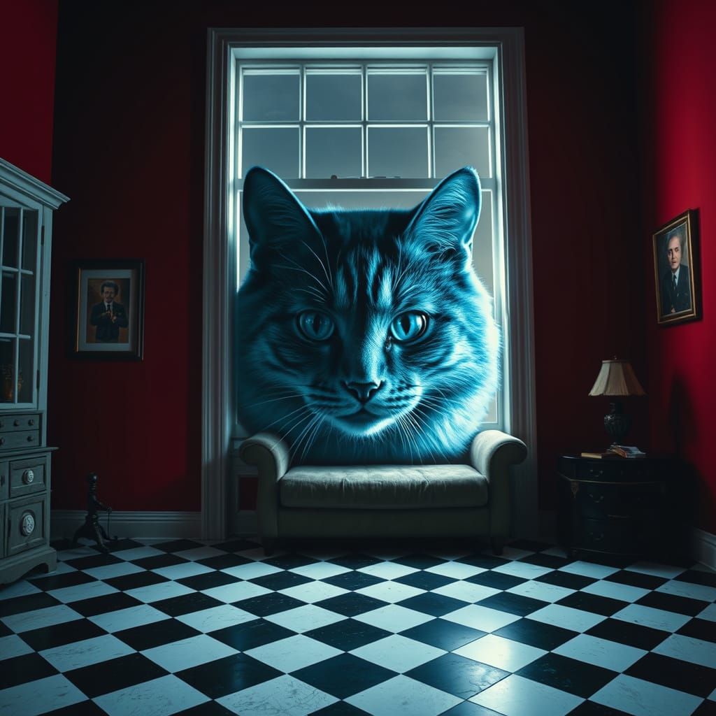 Giant Blue Cat Head Appears in Window