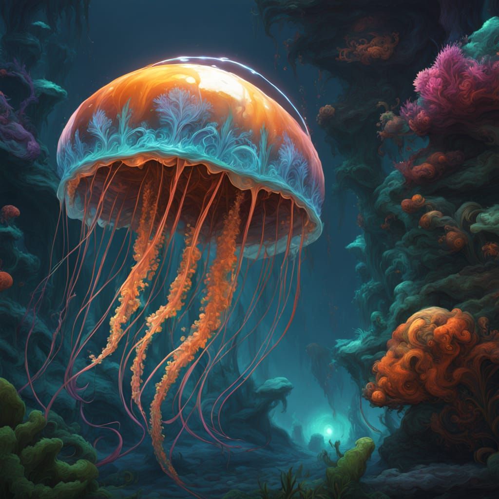 Bioluminescent Jellyfish in Ethereal Deep Sea Trench