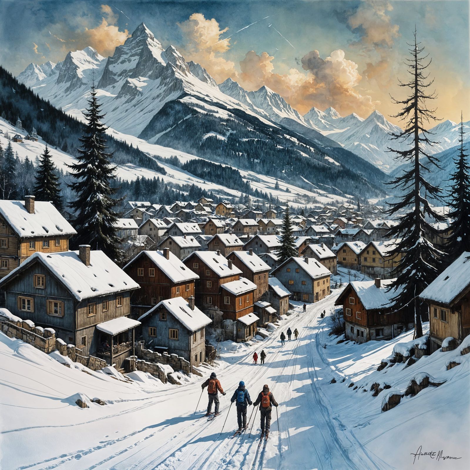 Swiss Winter Landscape in Charcoal Drawing Style