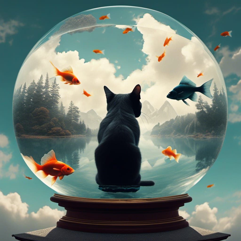 Cat In Snow Globe -snowing fish