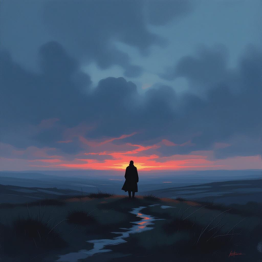 Solitary Figure on Windswept Moor in Twilight