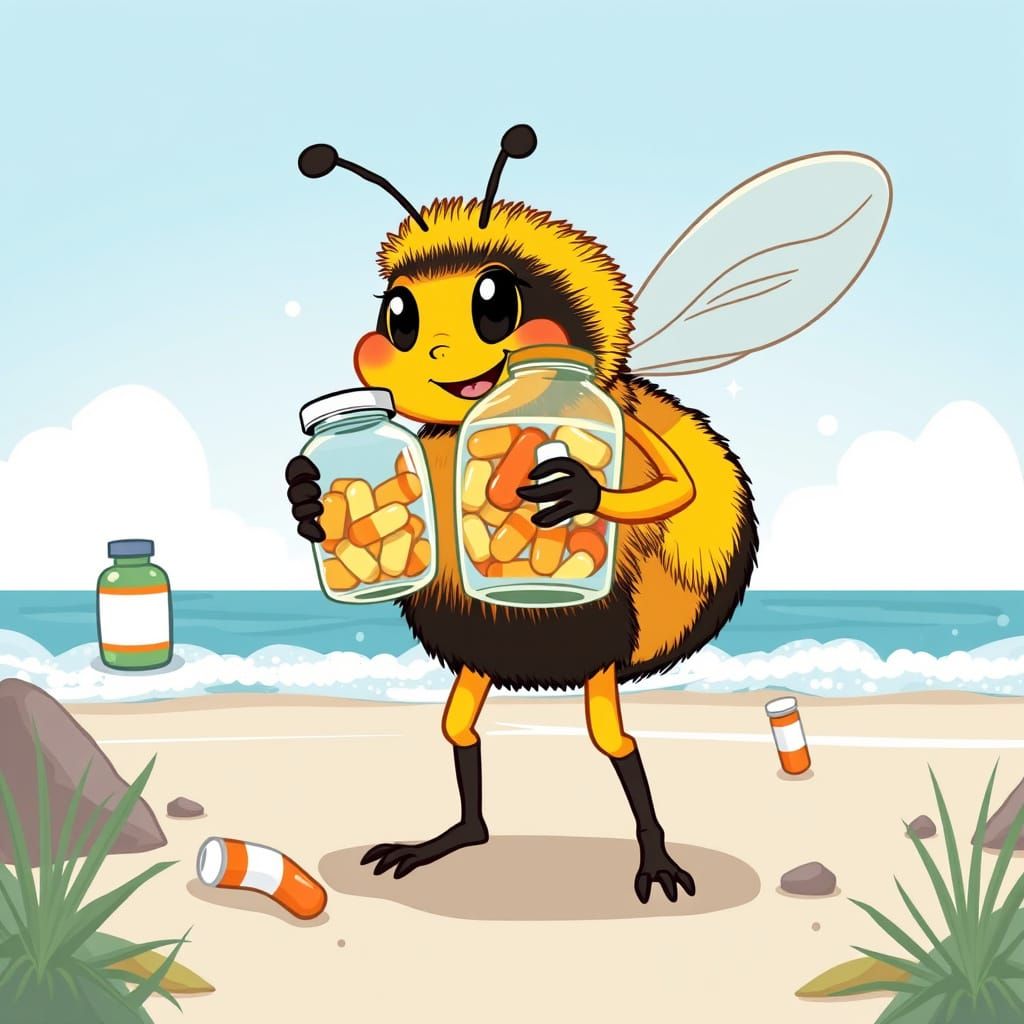 Bumblebee Holds Vitamins on Beach with Floating Bottles
