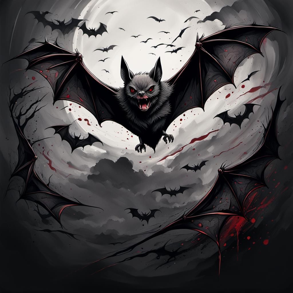 Ink Wash Portrait of a Bat in Flight