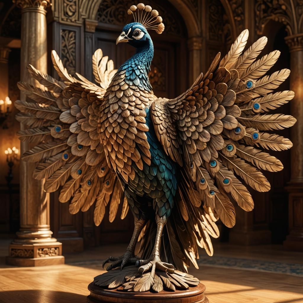 Intricately Carved Peacock in Golden Light