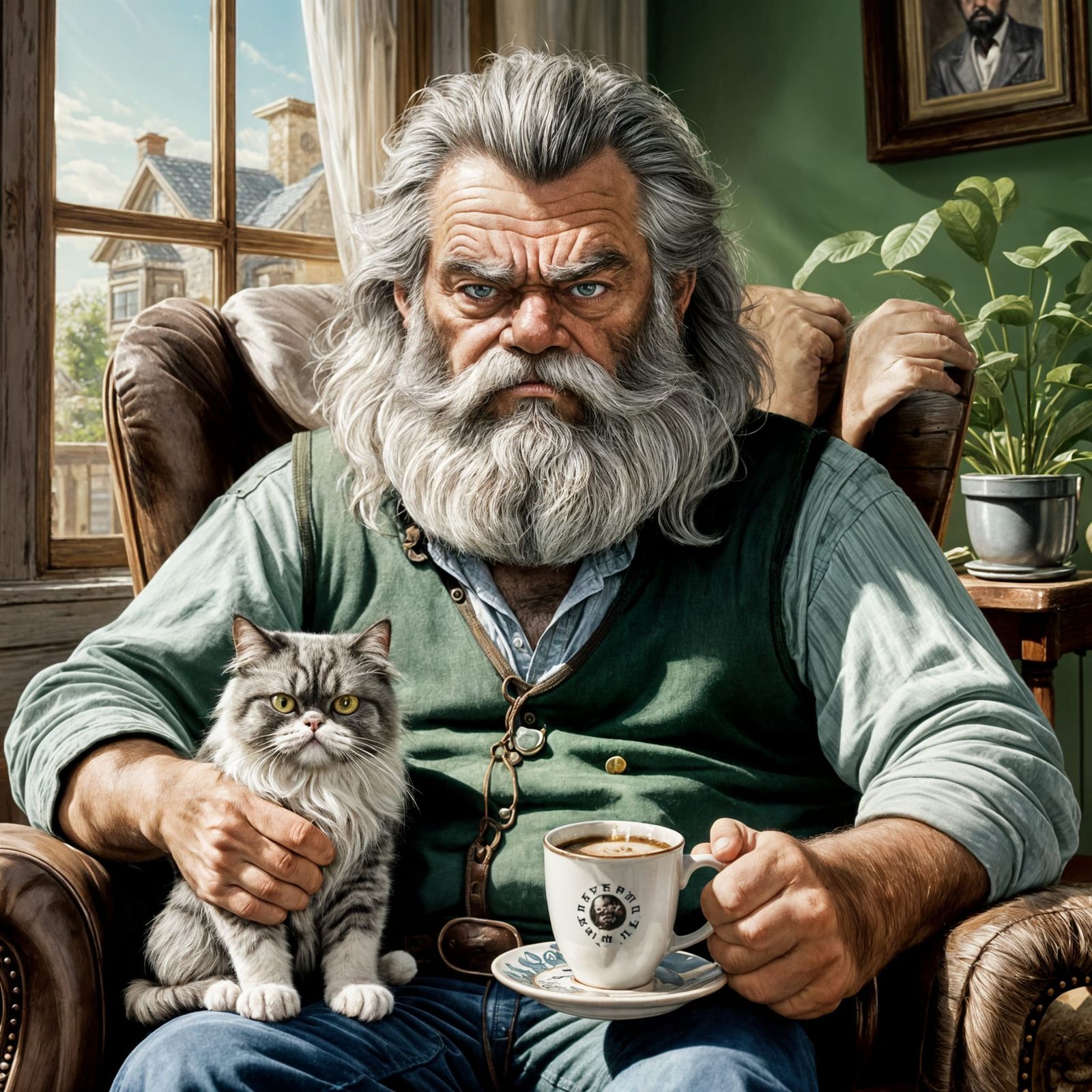 Grumpy Man and Cat Share Morning Coffee in Living Room