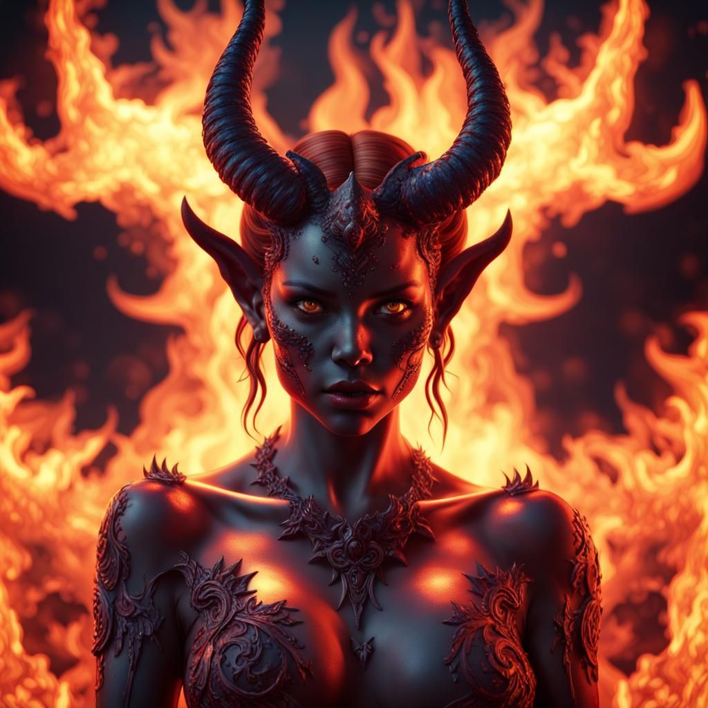 Photorealistic Female Demon Surrounded by Fire in 3D