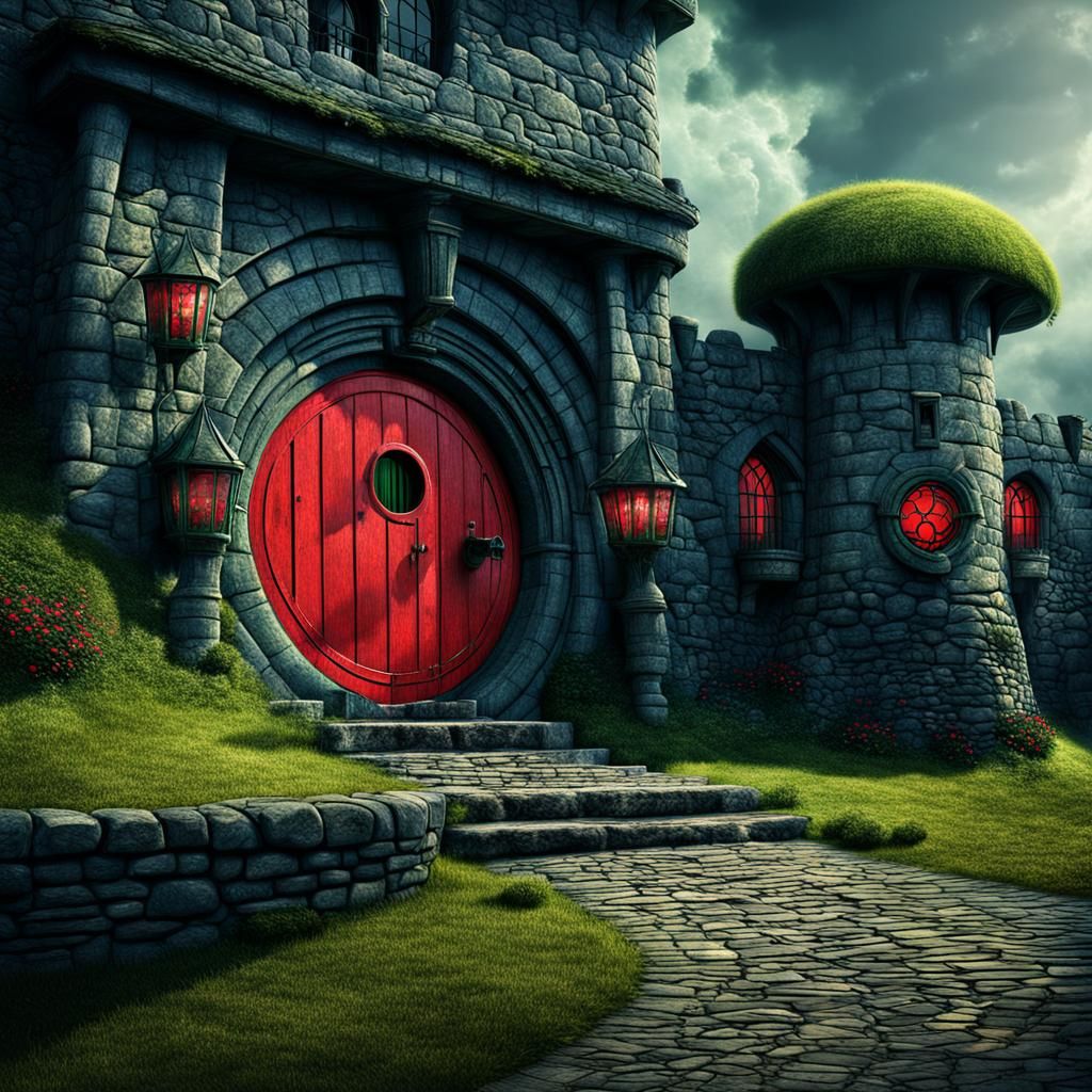 Green Castle with Hobbit Door: Digital Matte Painting