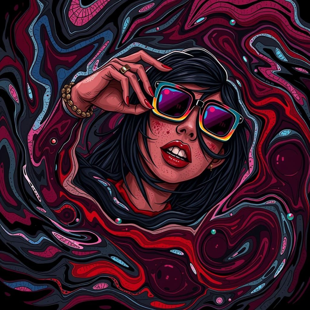 Surreal Gothic Woman in Swirling Kaleidoscope of Colors