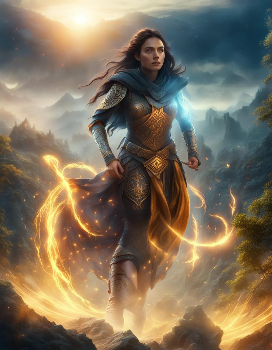 Mystical Warrior Woman Overlooking Ancient Forest