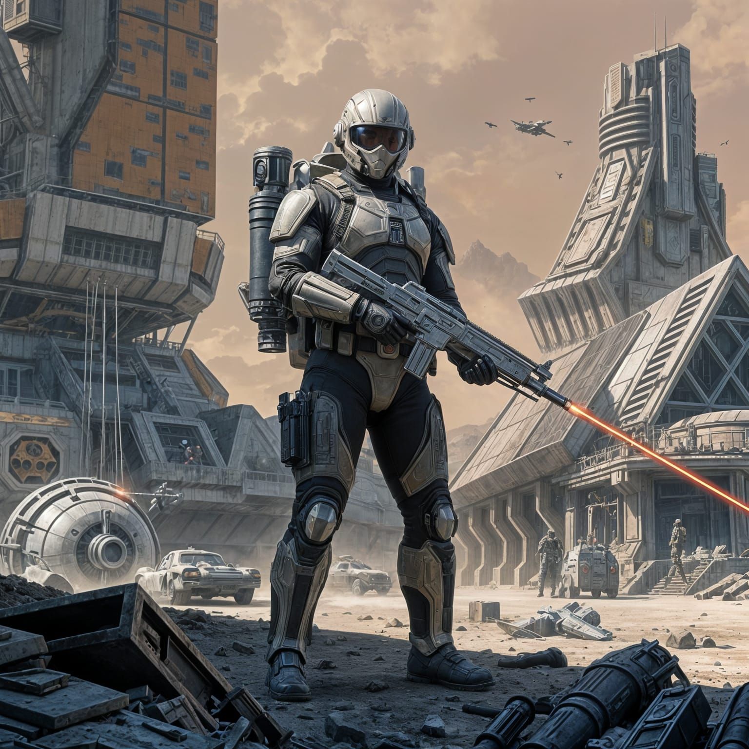 Futuristic Soldier with Jetpack and Laser Gun in Cinematic S...