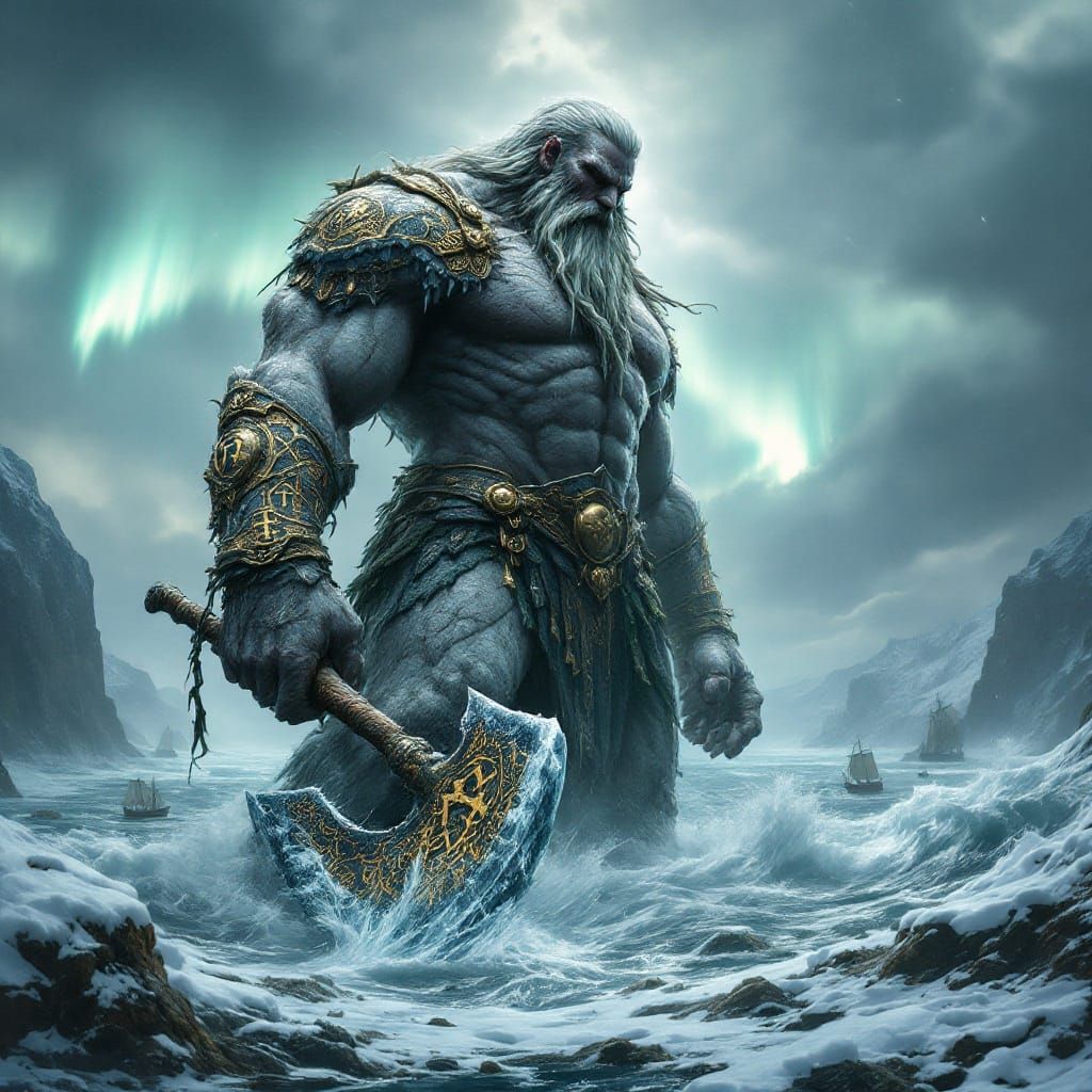 Norse Giant Rises from Icy Sea in Dramatic Storm