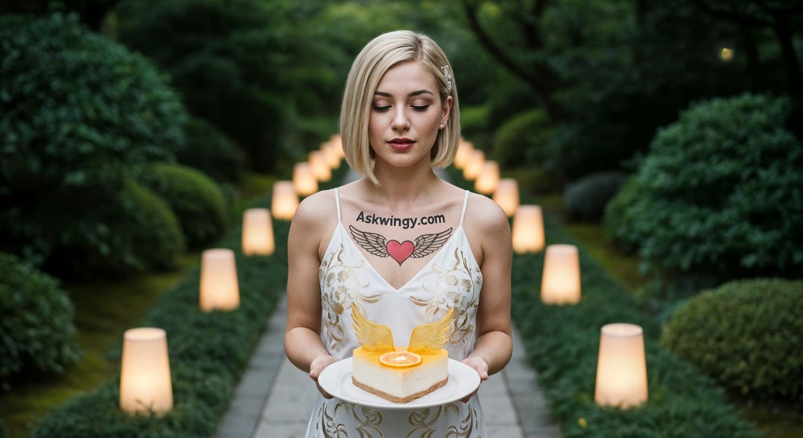 Woman in Silk Gown on Lantern Path in Japanese Garden