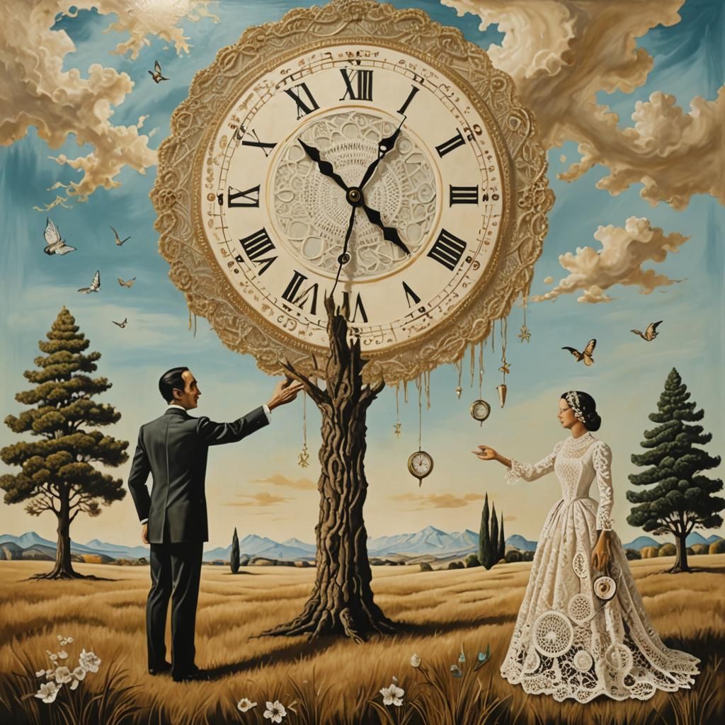 Surreal Scene with Clock, Hands and Masked Figure