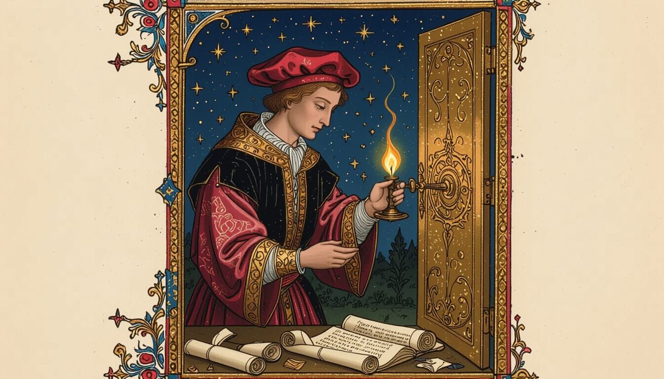 Scribe Extinguishes Lamp, Steps Into Starry Night