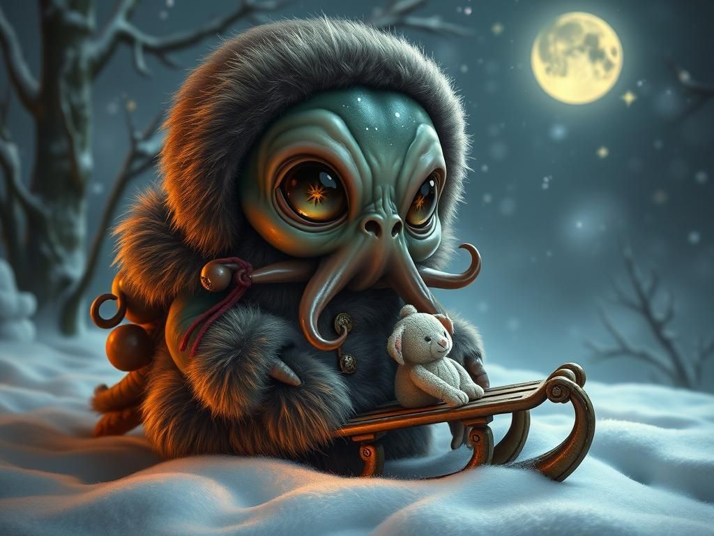 Cute Baby Cthulhu in Winter, Fairycore Steampunk Style
