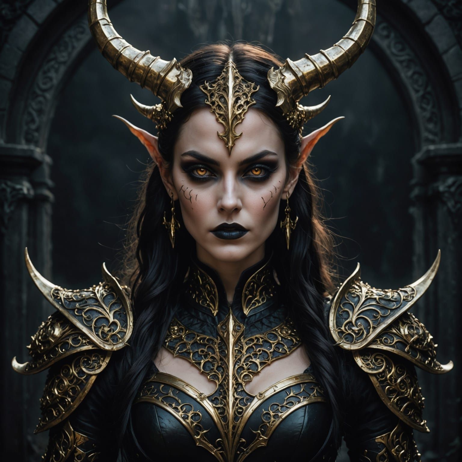 Gothic Beauty: Dark Fantasy Woman in Golden Armor