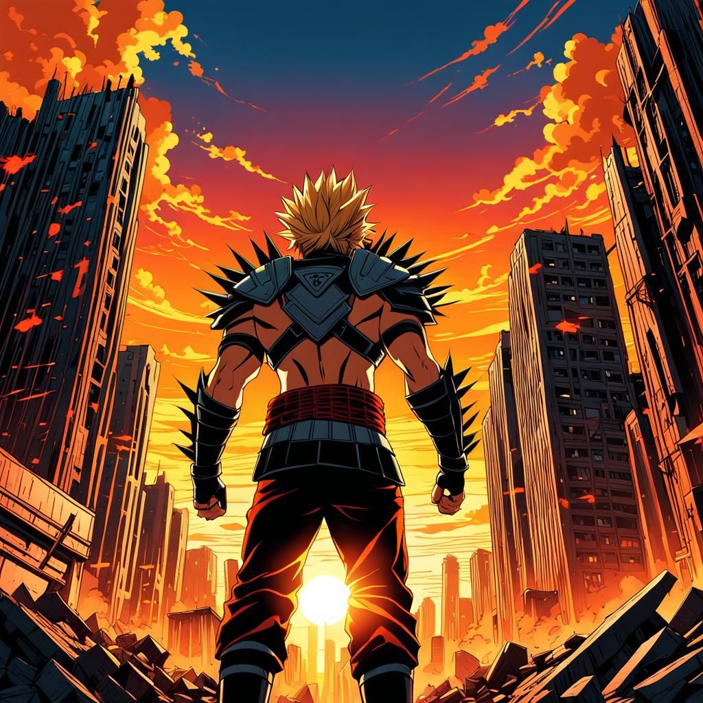 Heroic Manga Warrior in Ruined City Sunset