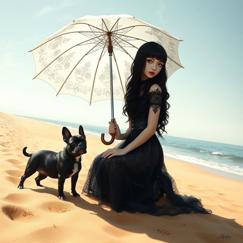Goth Girl on Beach with French Bulldog in Dreamlike Style