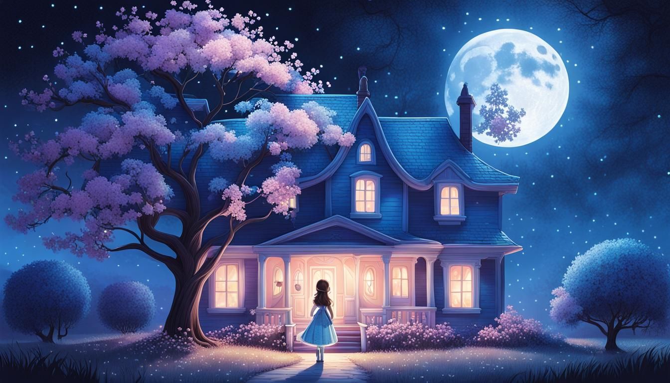 Whimsical Girl Under Moonlight in Pointillism Style