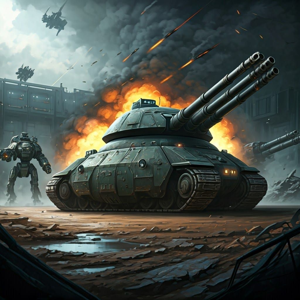 Sci-Fi Tank Destroys Battle Mechs in Explosive Combat