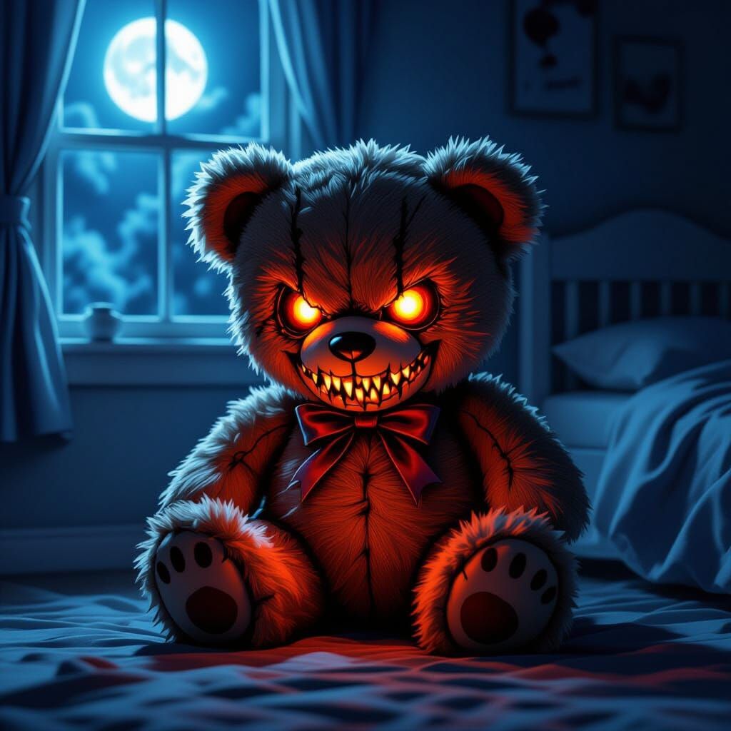 Sinister Teddy Bear with Fiery Eyes in Dark Bedroom