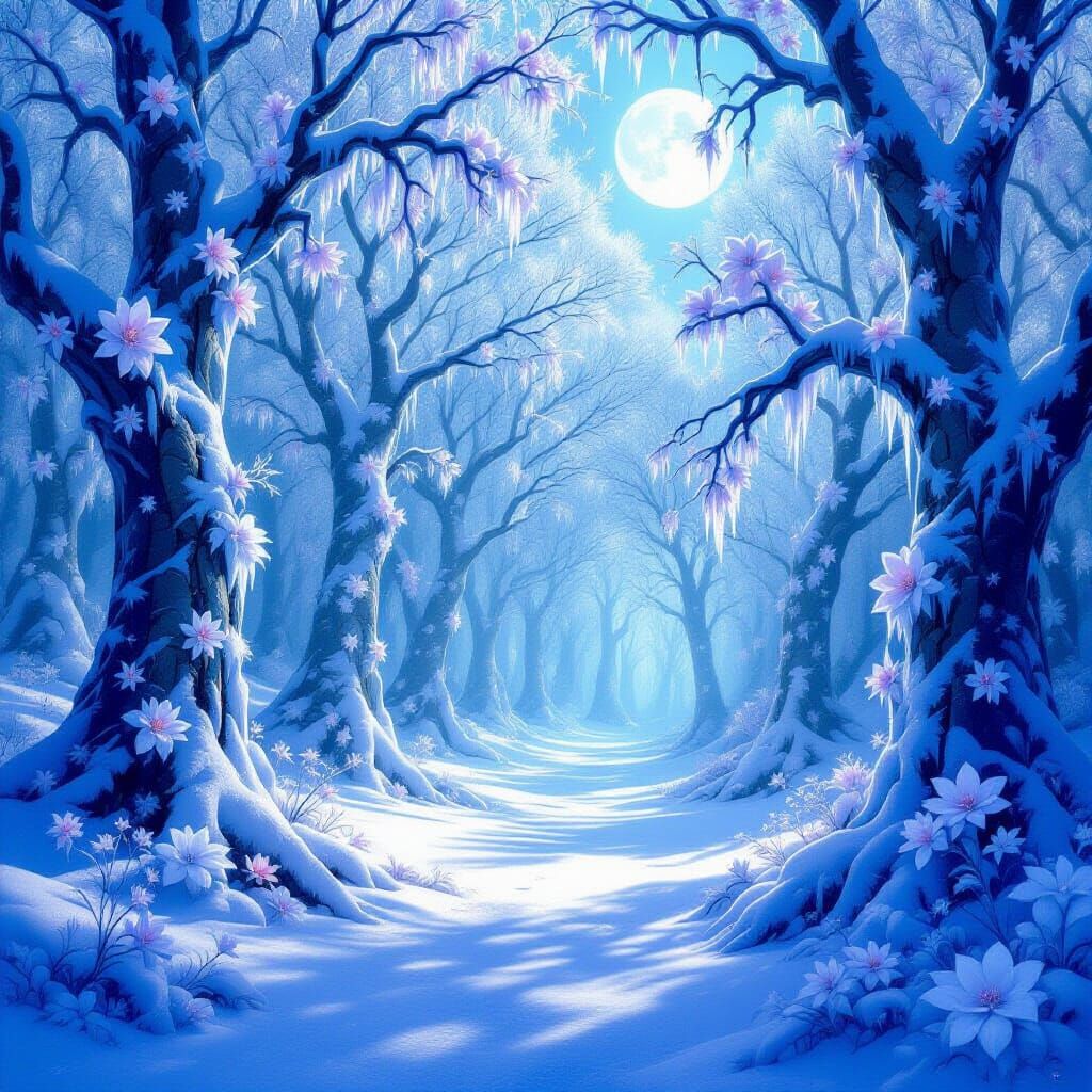 Enchanted Ice Forest with Frost Flowers