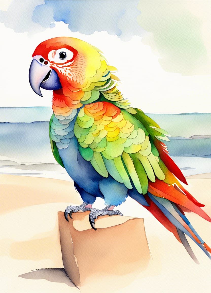 Watercolor Parrot Squawking on a Sunny Beach