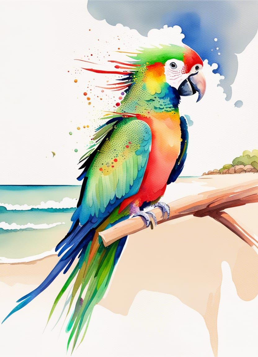 Parrot on Beach in Soft Watercolor