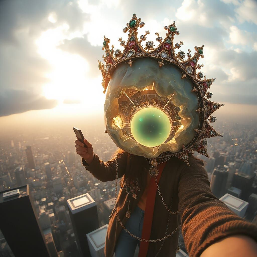 Risky Selfie on Skyscraper Crown in Sci-Fi Concept Art Style
