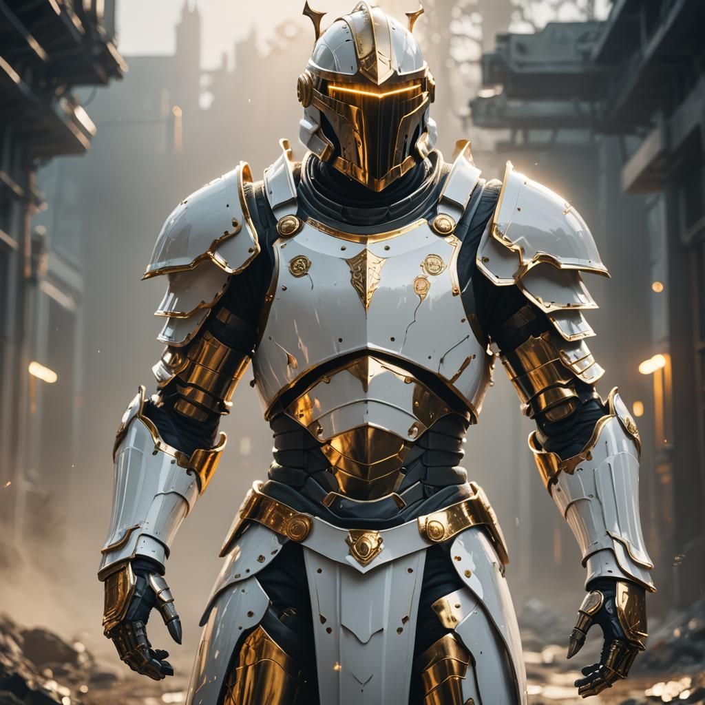 Futuristic Knight in White Armor with Gold Accents