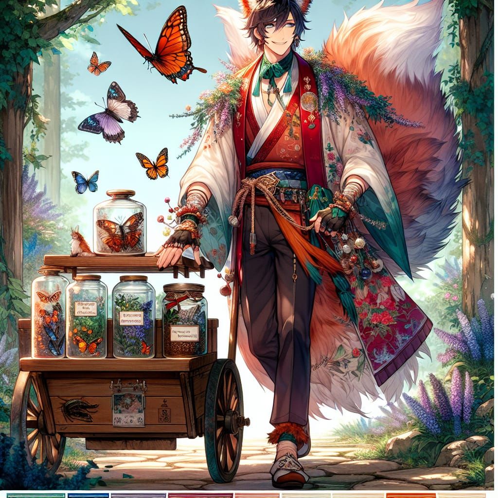 Kitsune Merchant on Forest Road, Anime Style