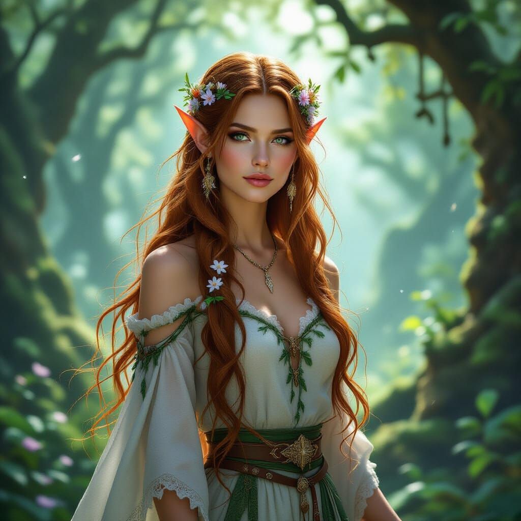 Graceful Elven Woman in Ethereal Forest Light