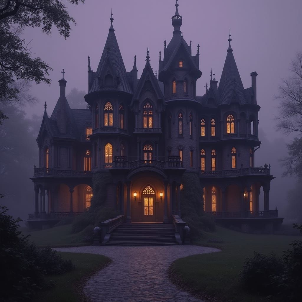 Majestic Gothic Mansion Under Golden Glow at Night