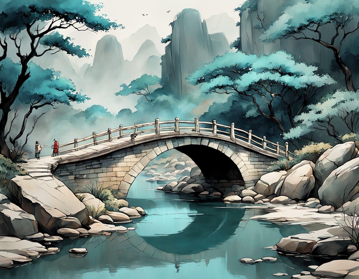 Stone Bridge in Chinese Watercolor Art