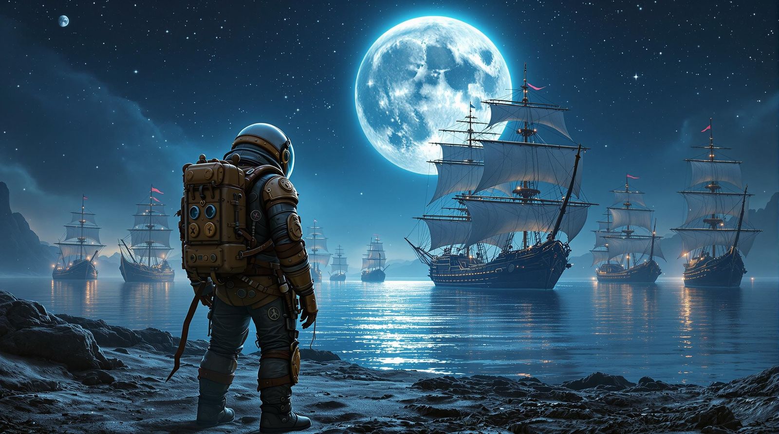 Heroic Astronaut Stands on Ancient Shoreline Amidst Majestic...