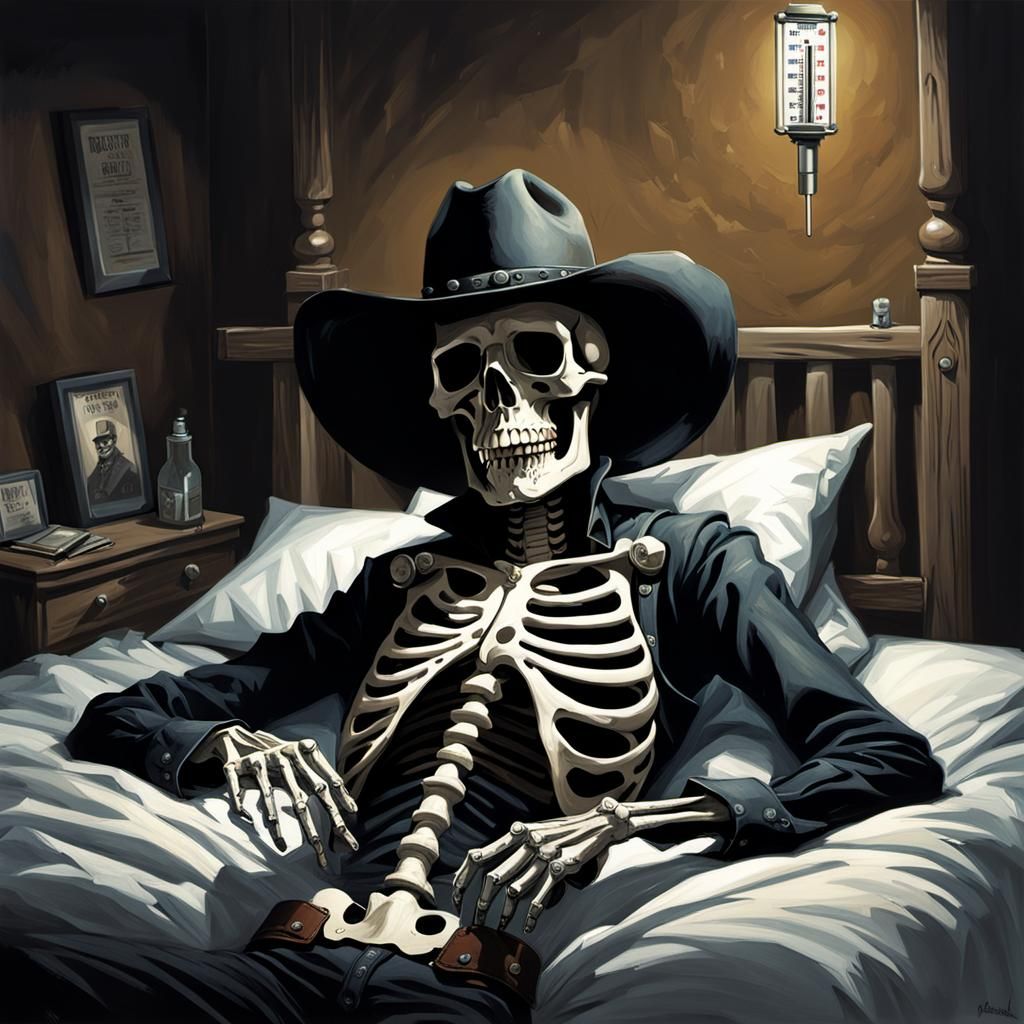 Skeleton Cowboy in Bed with Thermometer in Mouth