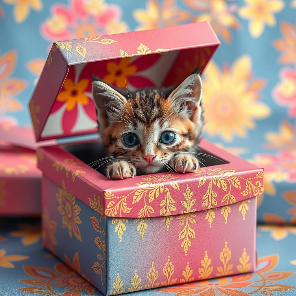 Kitten Peeking from Gift Box in Whimsical Style