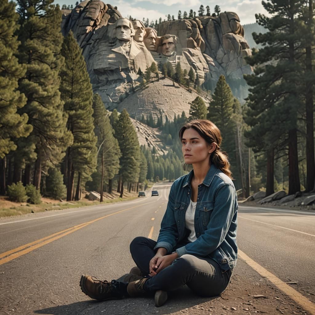 Woman on Deserted Road with Mount Rushmore: Hyperrealistic P...