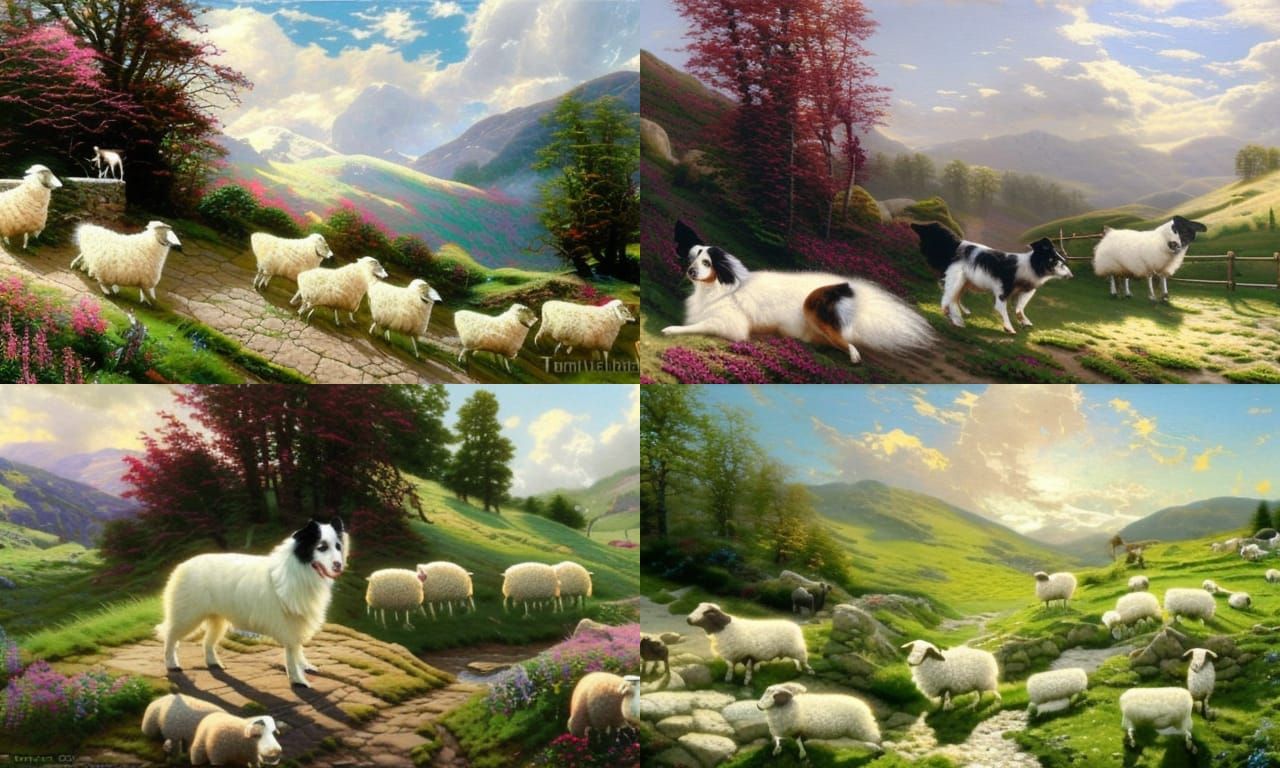 Border Collie Herding Sheep in Highlands as Oil Painting