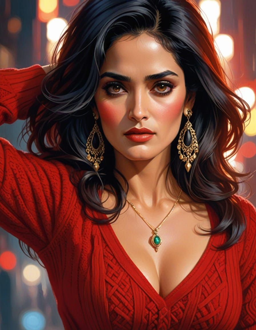 Legendary Pin-Up Goddess in Vibrant Red Sweater