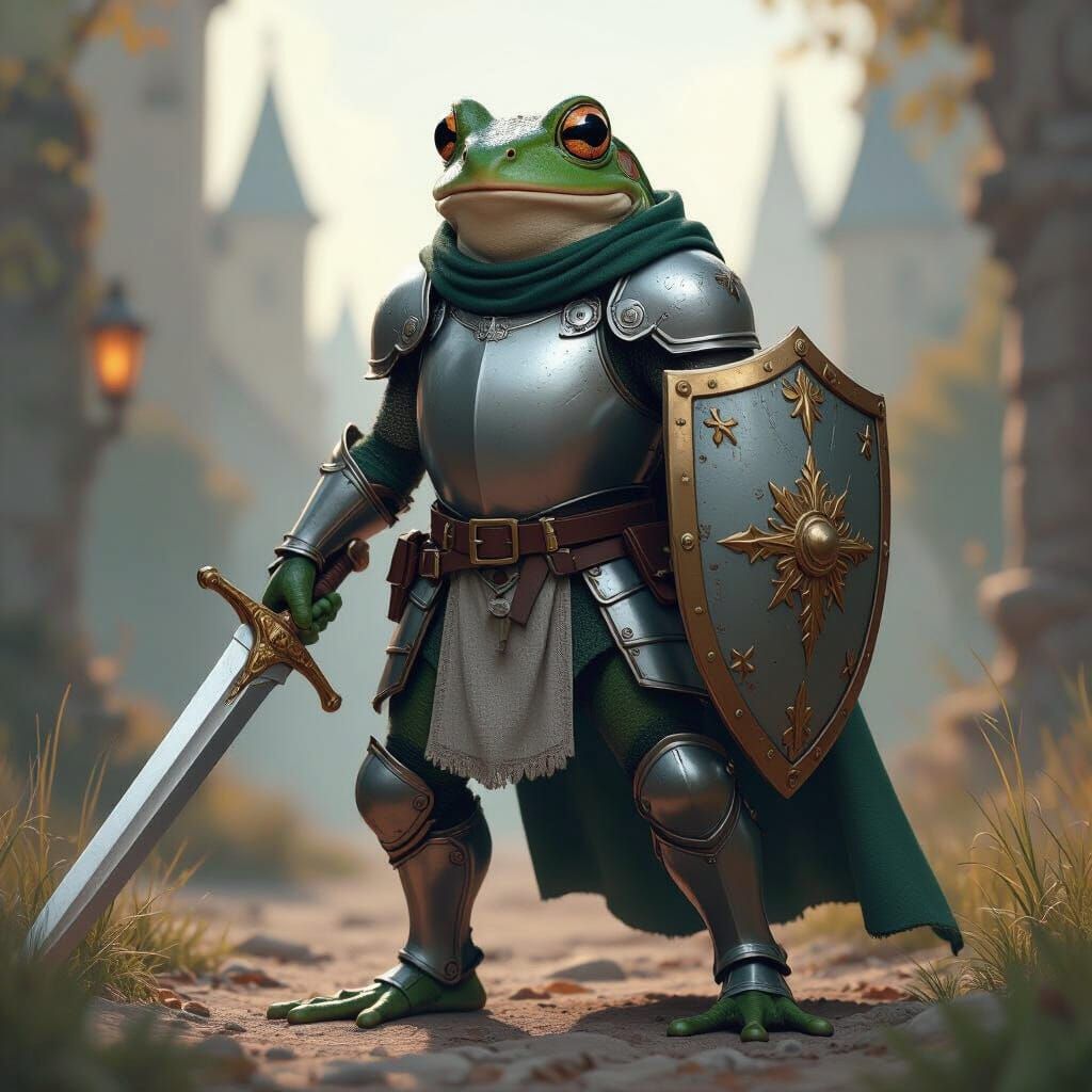 Heroic Frog Knight in Shining Armor, Detailed Digital Art