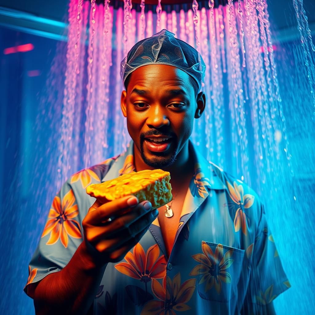 Man in Shower Cap Enjoys Pie, Digital Art