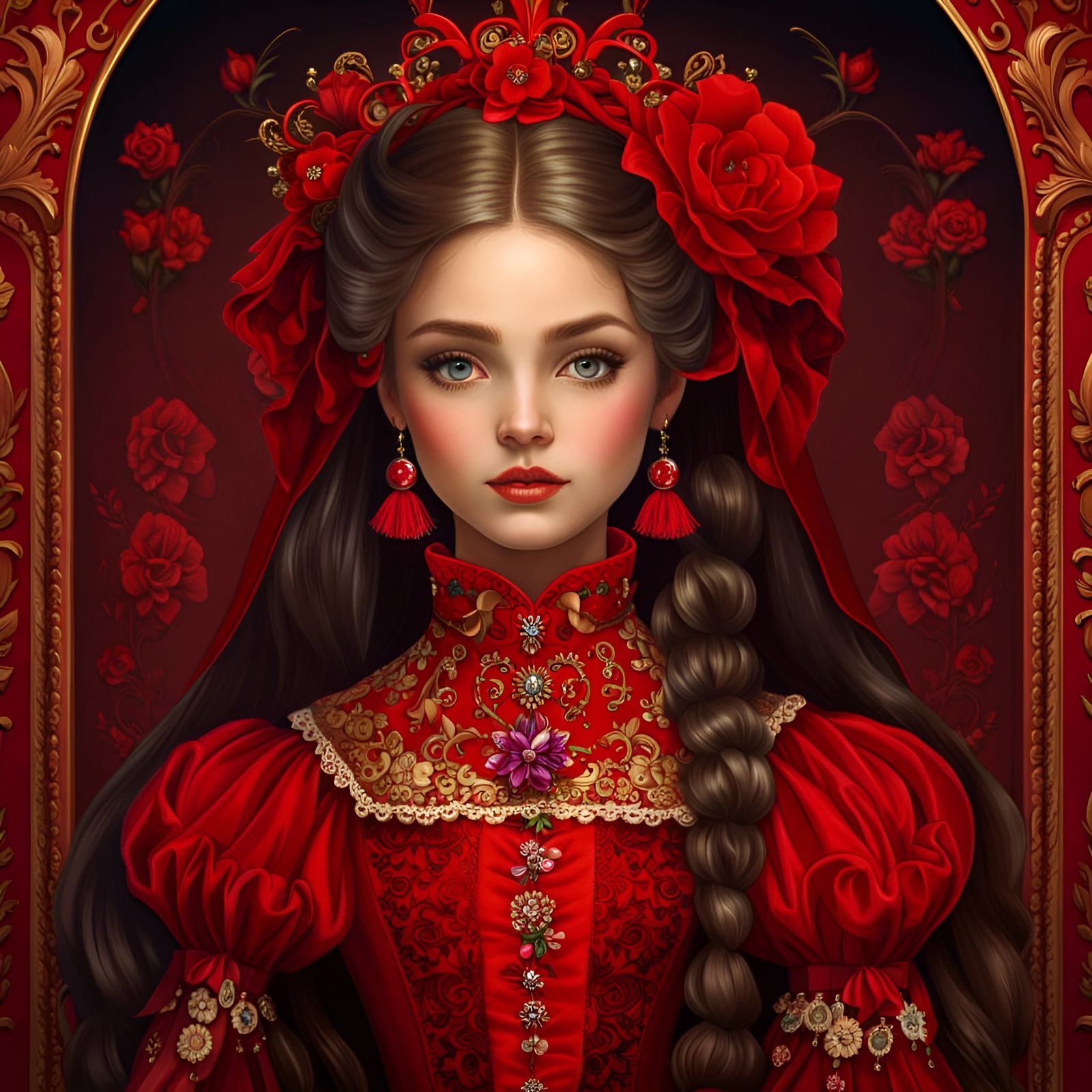Portrait of Baroque Beauty in Scarlet Red