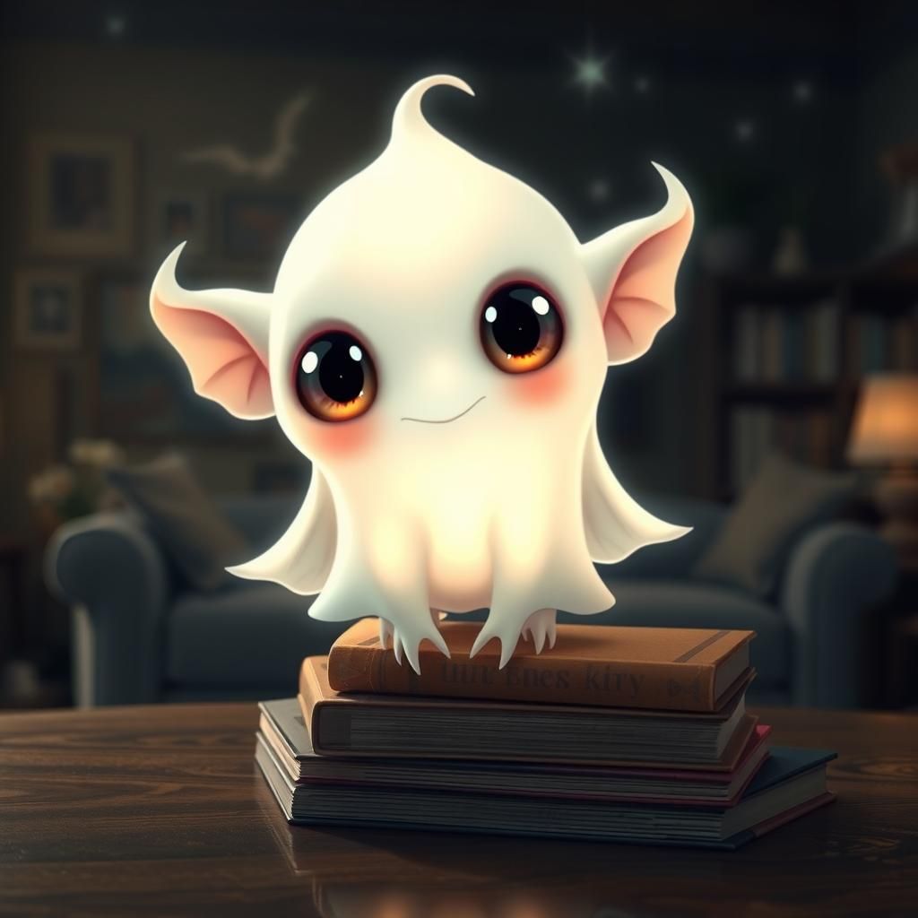 Cute Ghost-like Creature with Expressive Eyes in Living Room