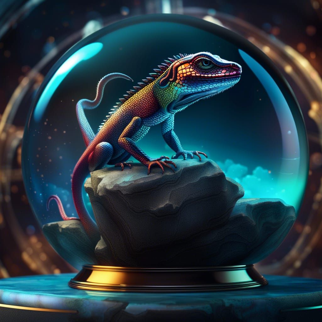 Tron Lizard in Glass Sphere: Digital Art