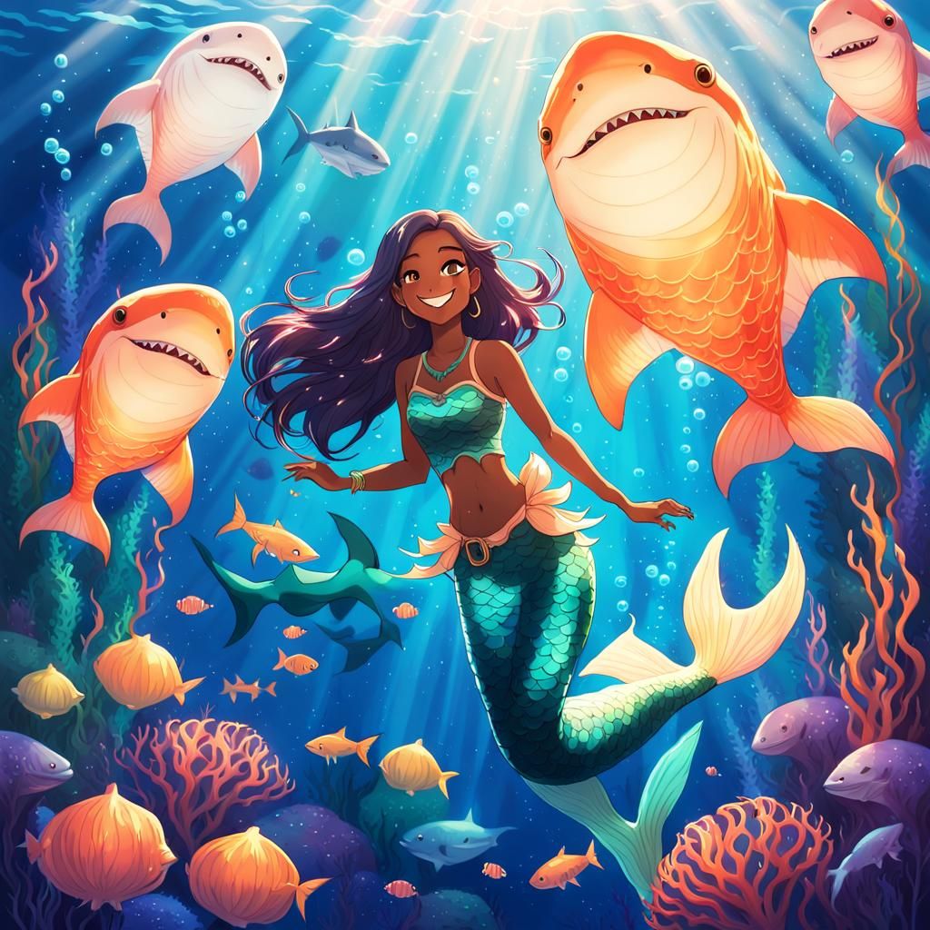 Anime Mermaids with Shark in Vibrant Aquatic Scene