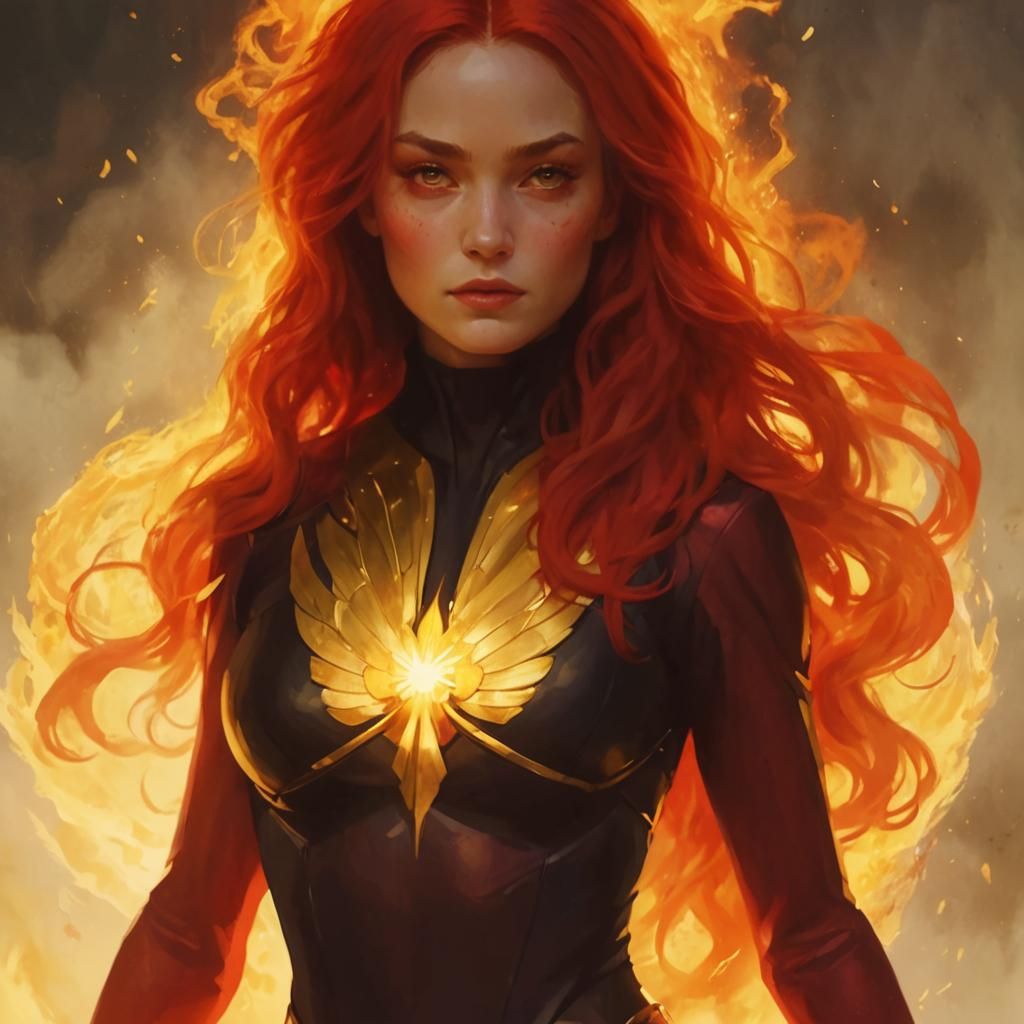 Fiery Phoenix Portrait in Art Nouveau Style