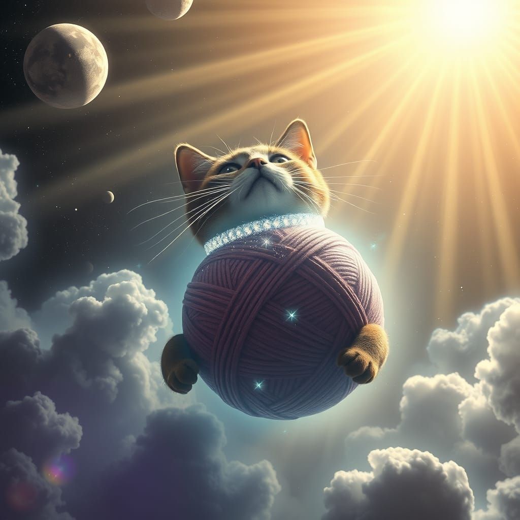 Giant Cat Engulfs Yarn Planet in Space