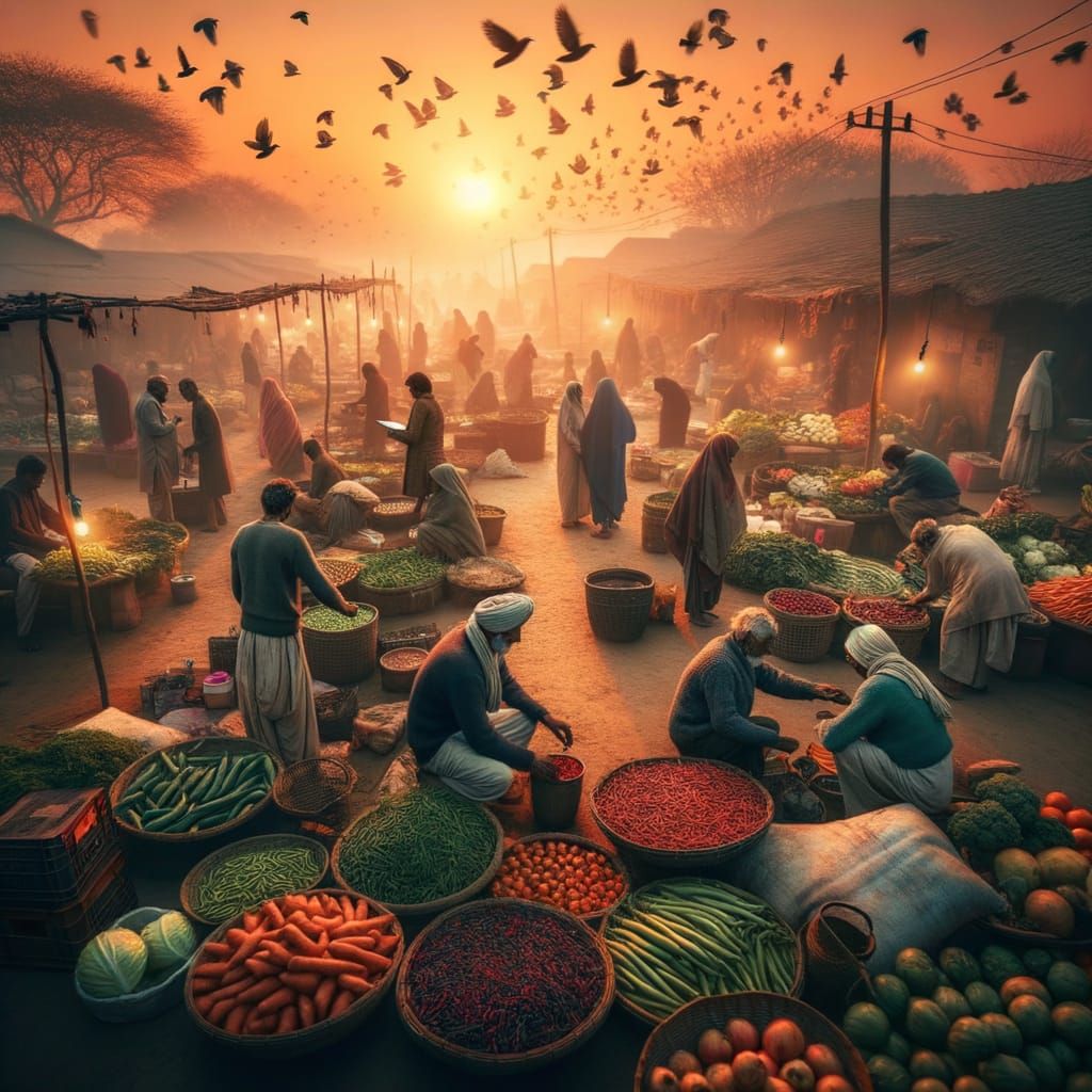 Vibrant Sunrise Vegetable Market in Rural Indian Village